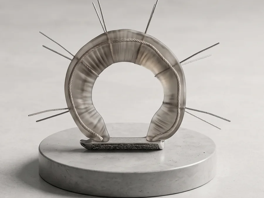 The LunaFlex synthetic meniscus, a translucent C-shaped implant with peripheral suture strands and a porous metal fixation bridge, standing on a circular plinth.