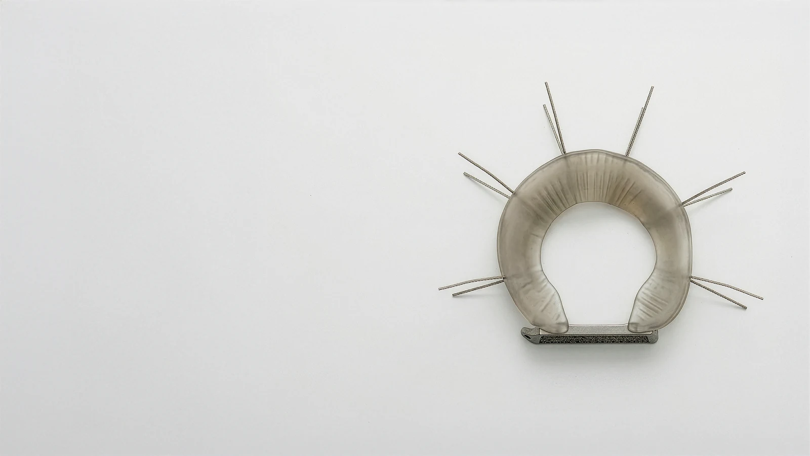 Top-down LunaFlex Meniscus design render showing the complete C-shaped implant, fixation bridge and all peripheral suture threads.