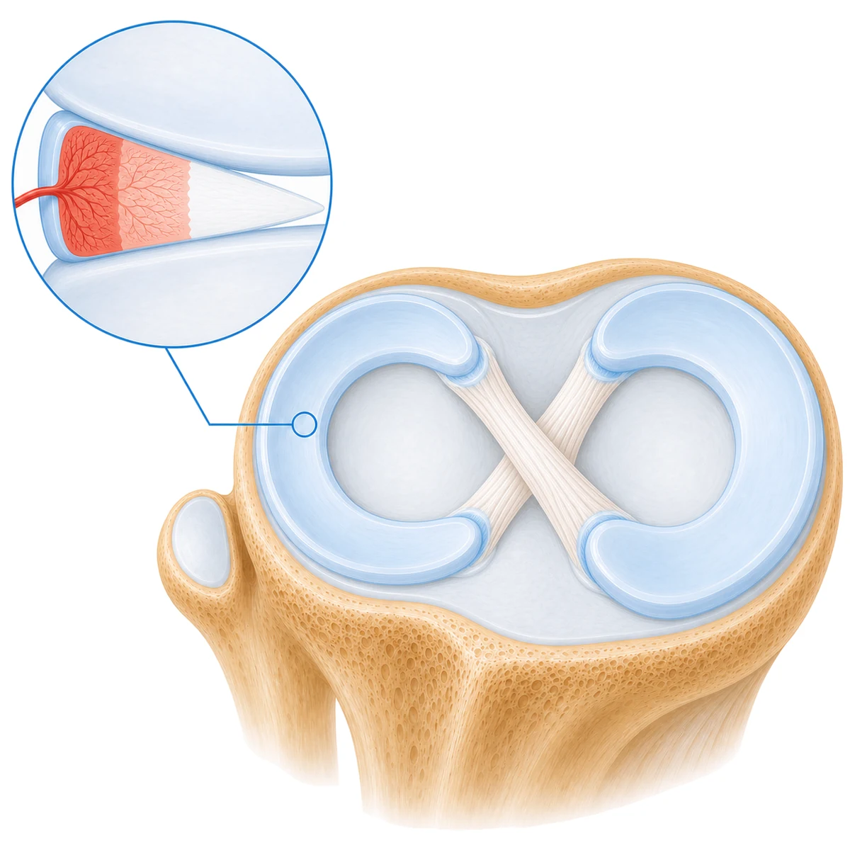 Cross-section illustration of the menisci on the tibial plateau, with a magnified cutaway showing blood vessels concentrated along the outer edge and little blood supply toward the inner tissue.