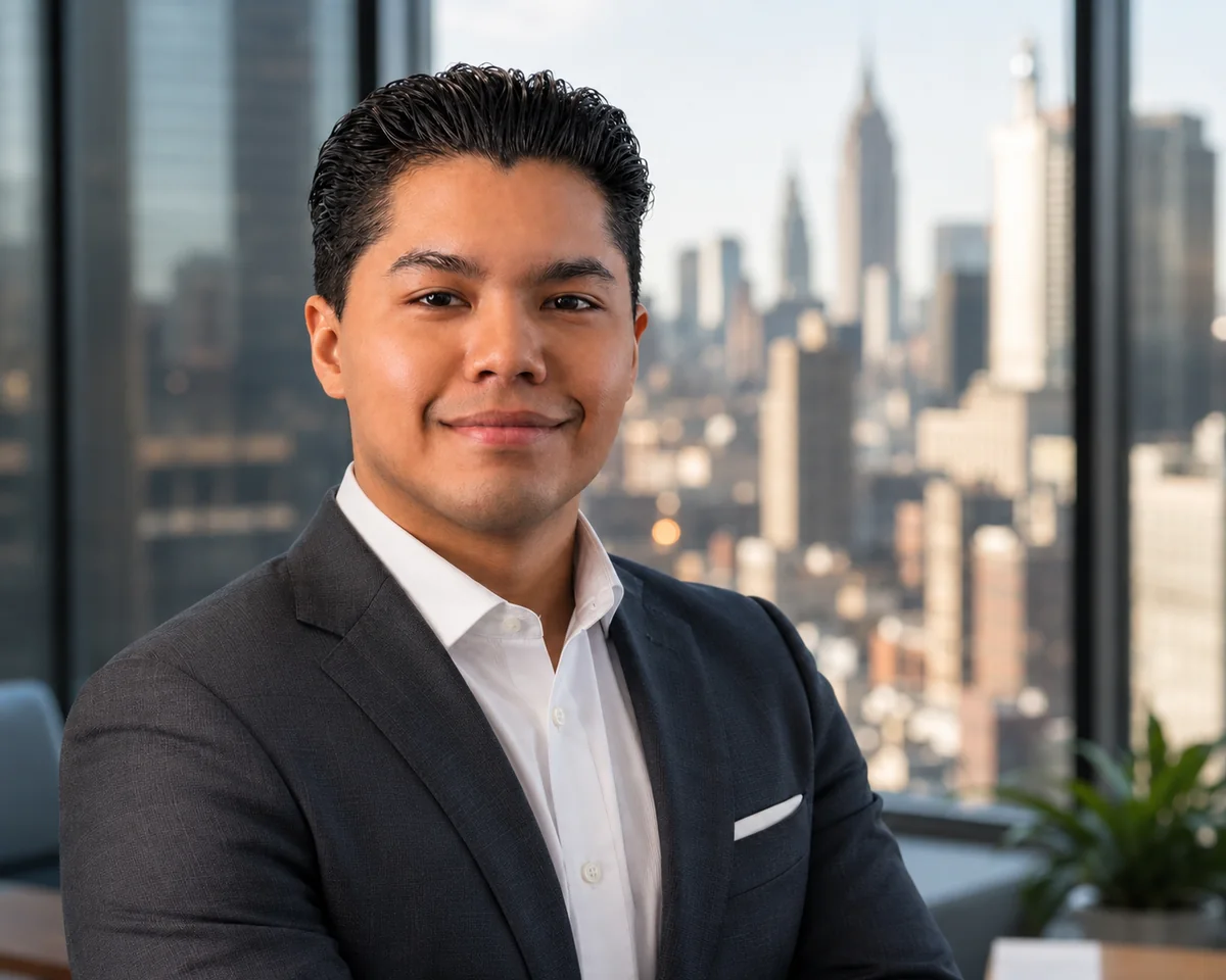 Portrait of Philip A. Persaud in front of a city skyline.